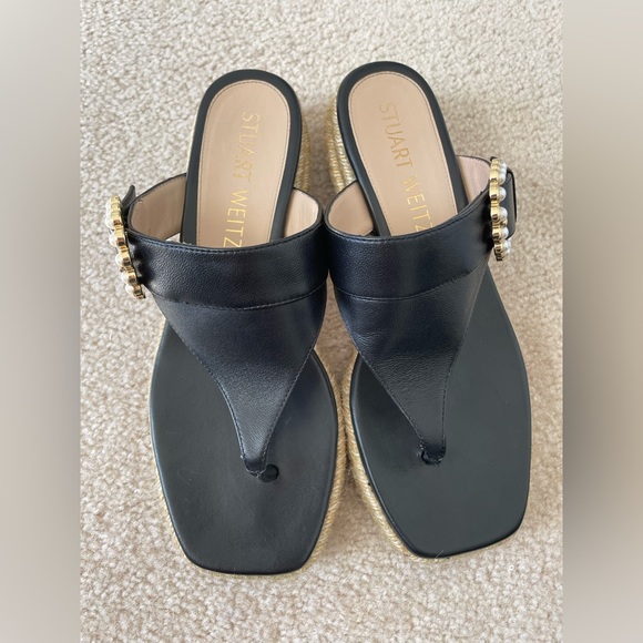 Stuart Weitzman Pearl Buckle Espadrille Thong Sandals Black Sz 7-7.5 - Picture 9 of 10